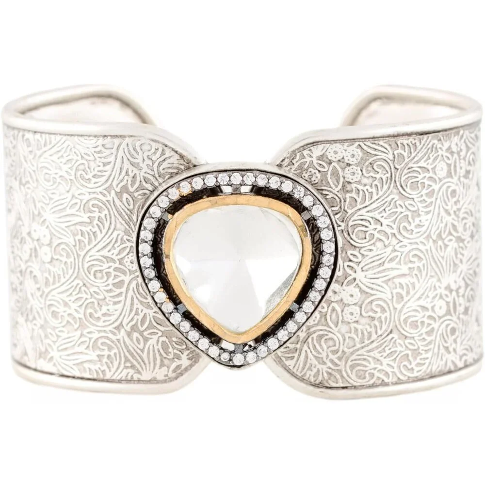 Women's Silver Kundan Crystal Wide Statement Handmade Sterling Cuff Bracelet